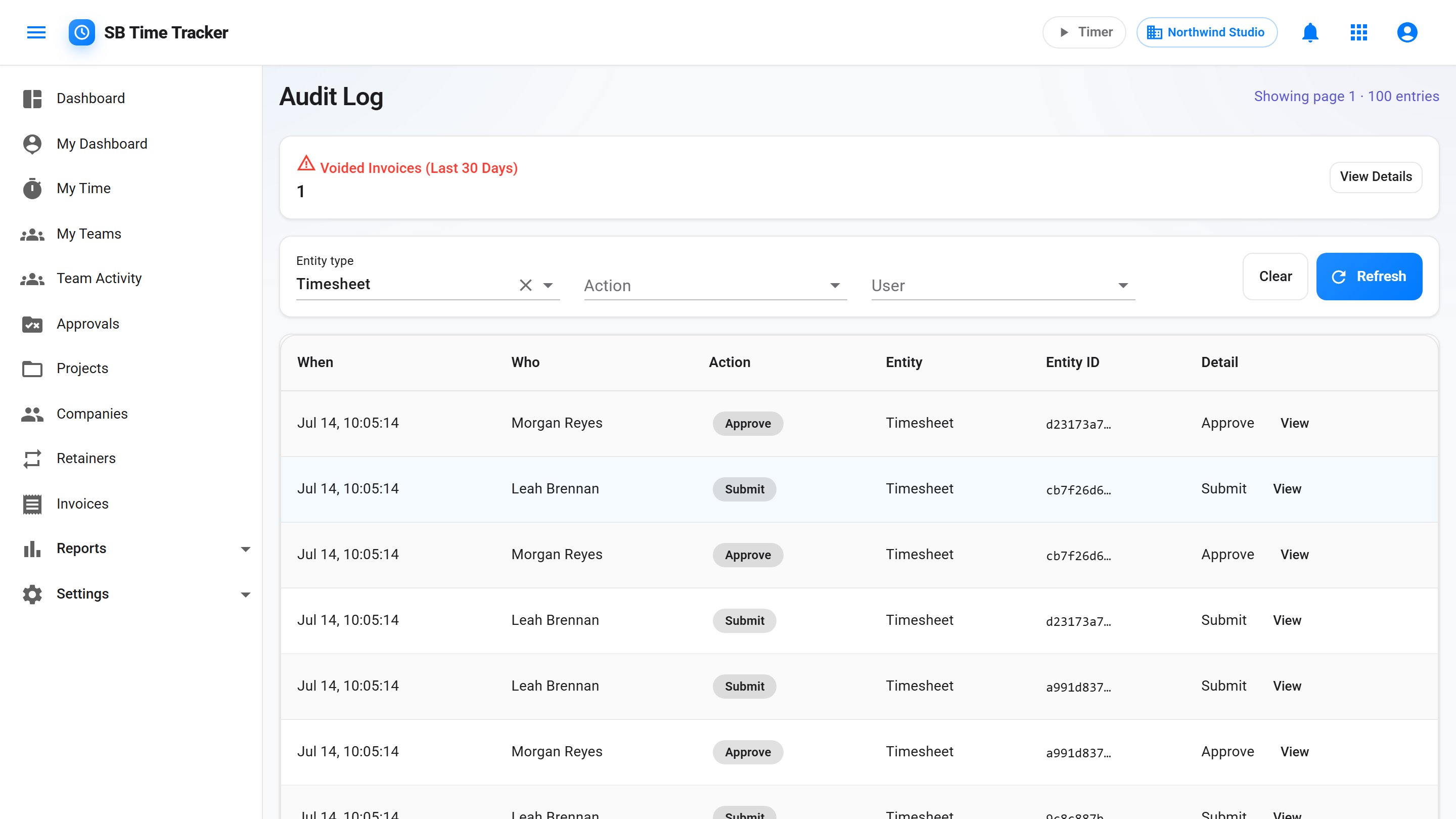 Audit log filtered to timesheet events, showing who submitted or approved each timesheet and when