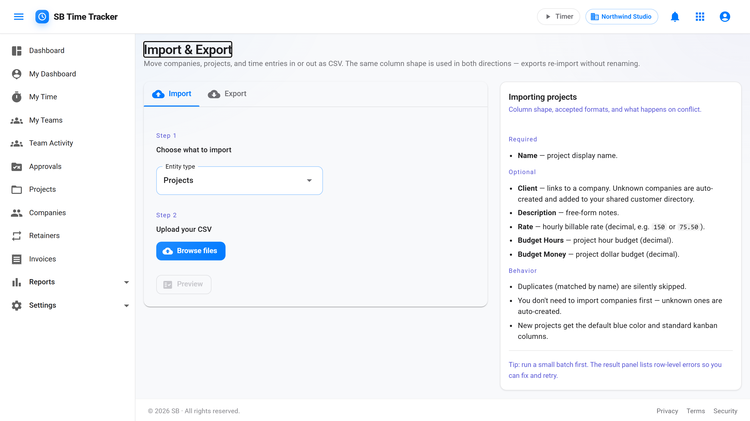 Import and Export screen with an entity-type picker and CSV upload for moving Harvest data in