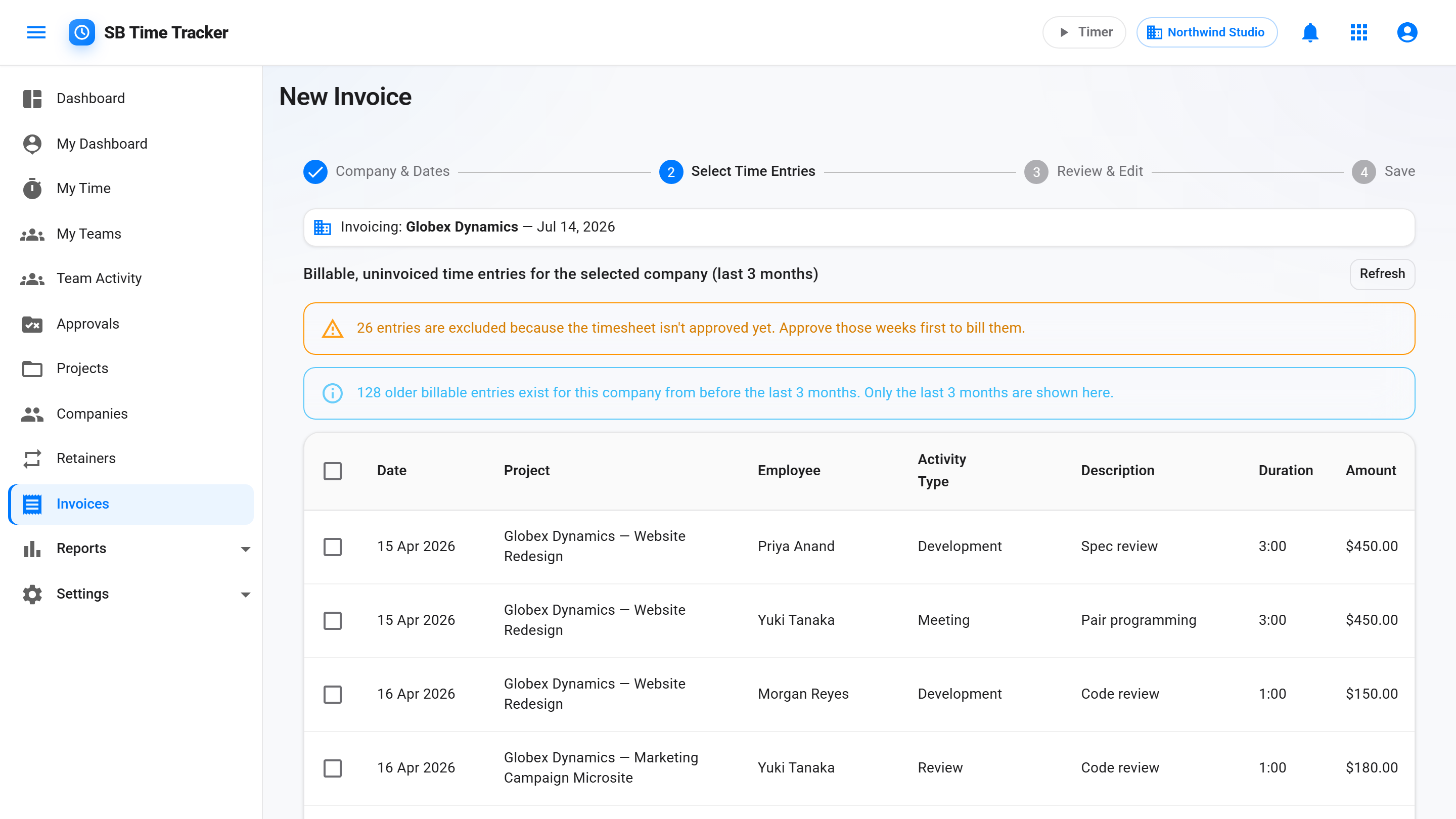 Invoice wizard listing billable time entries with a per-entry Employee column so line items bill each person's rate exactly