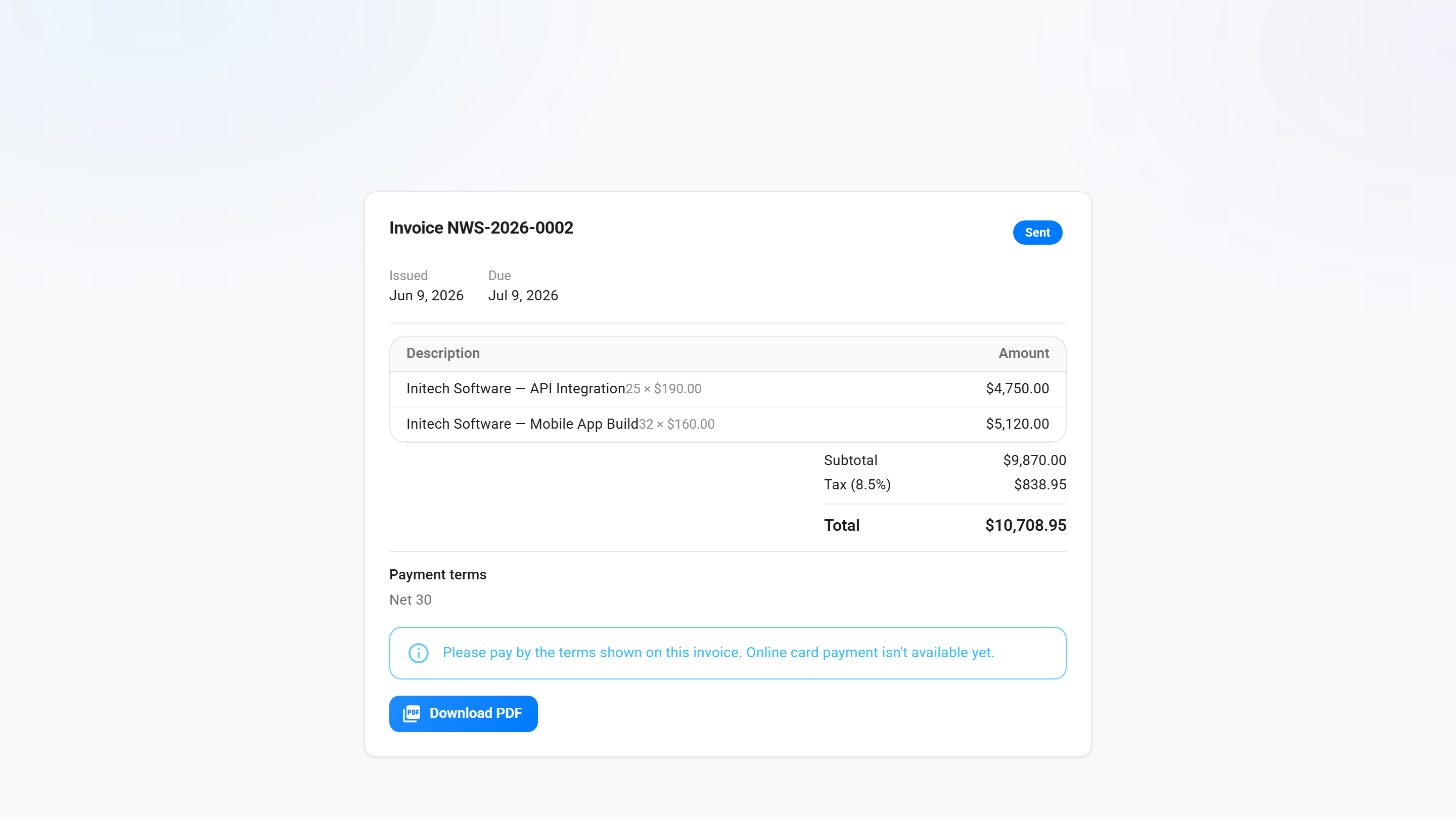 Hosted invoice page a client opens from a secure link, showing line items, totals, payment terms and a Download PDF button