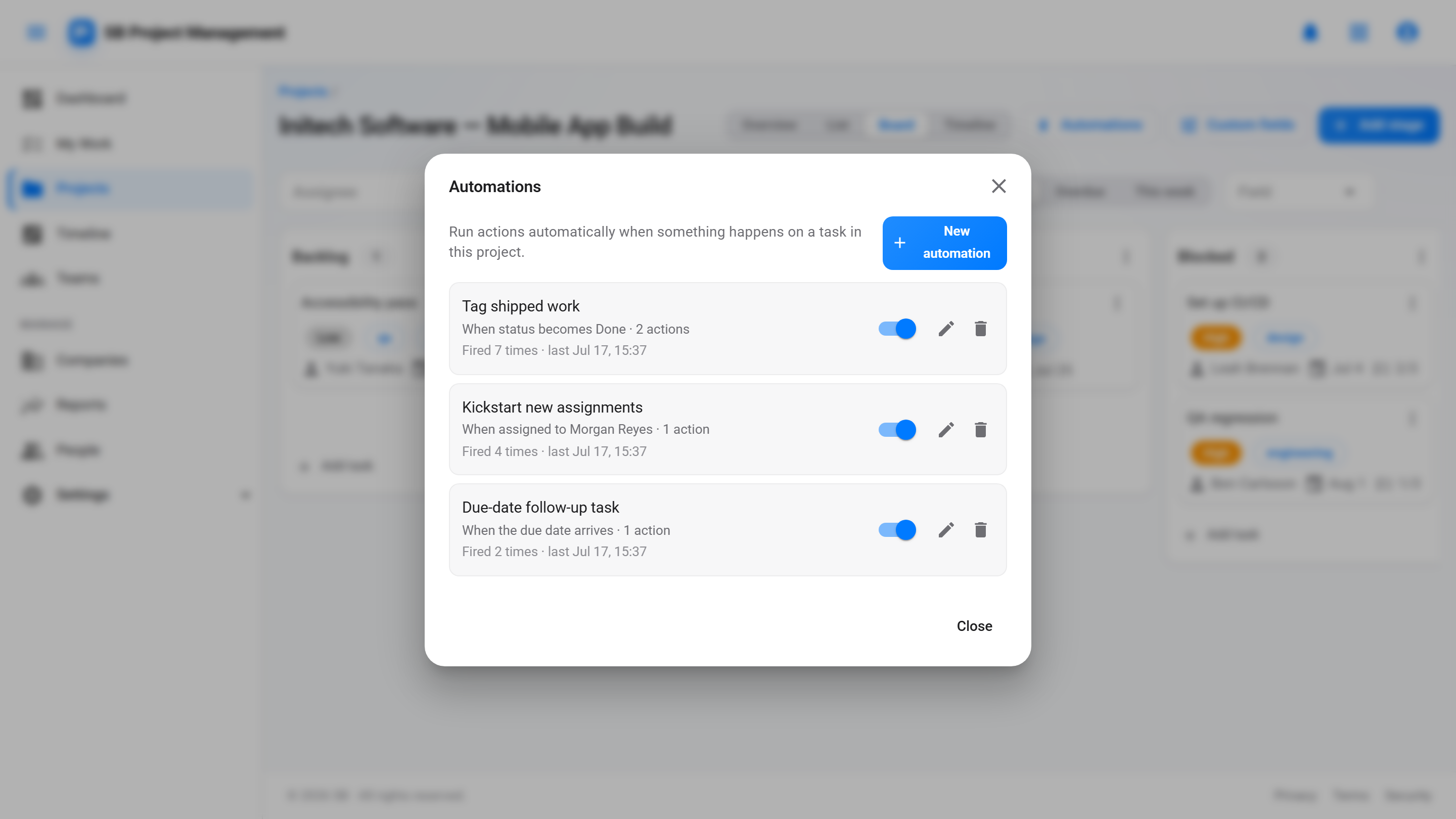 Automations dialog in SB Project Management listing per-project rules with triggers, actions, fire history, and enable switches