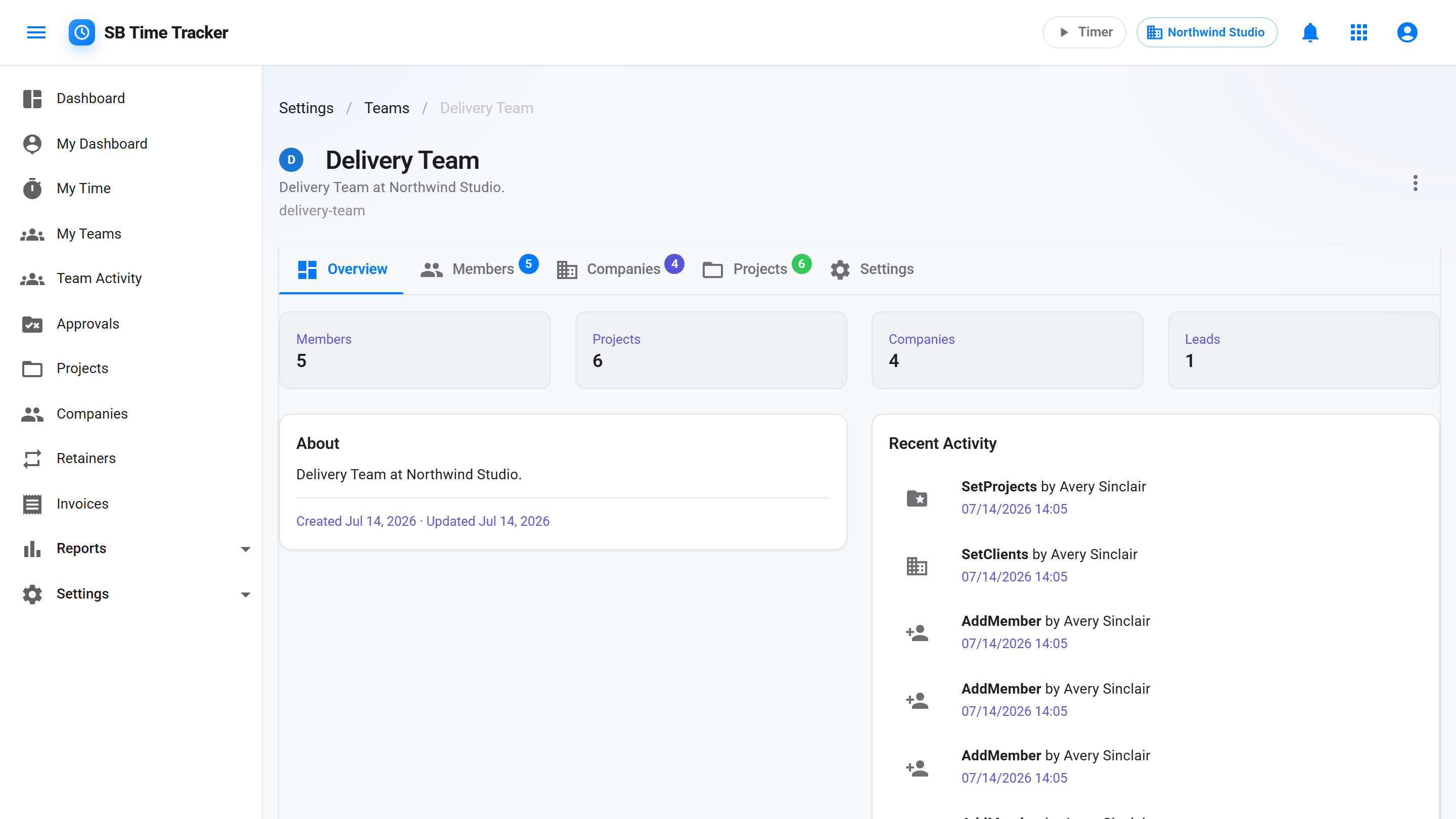 Team detail showing members, the projects and companies the team can access, and the team lead
