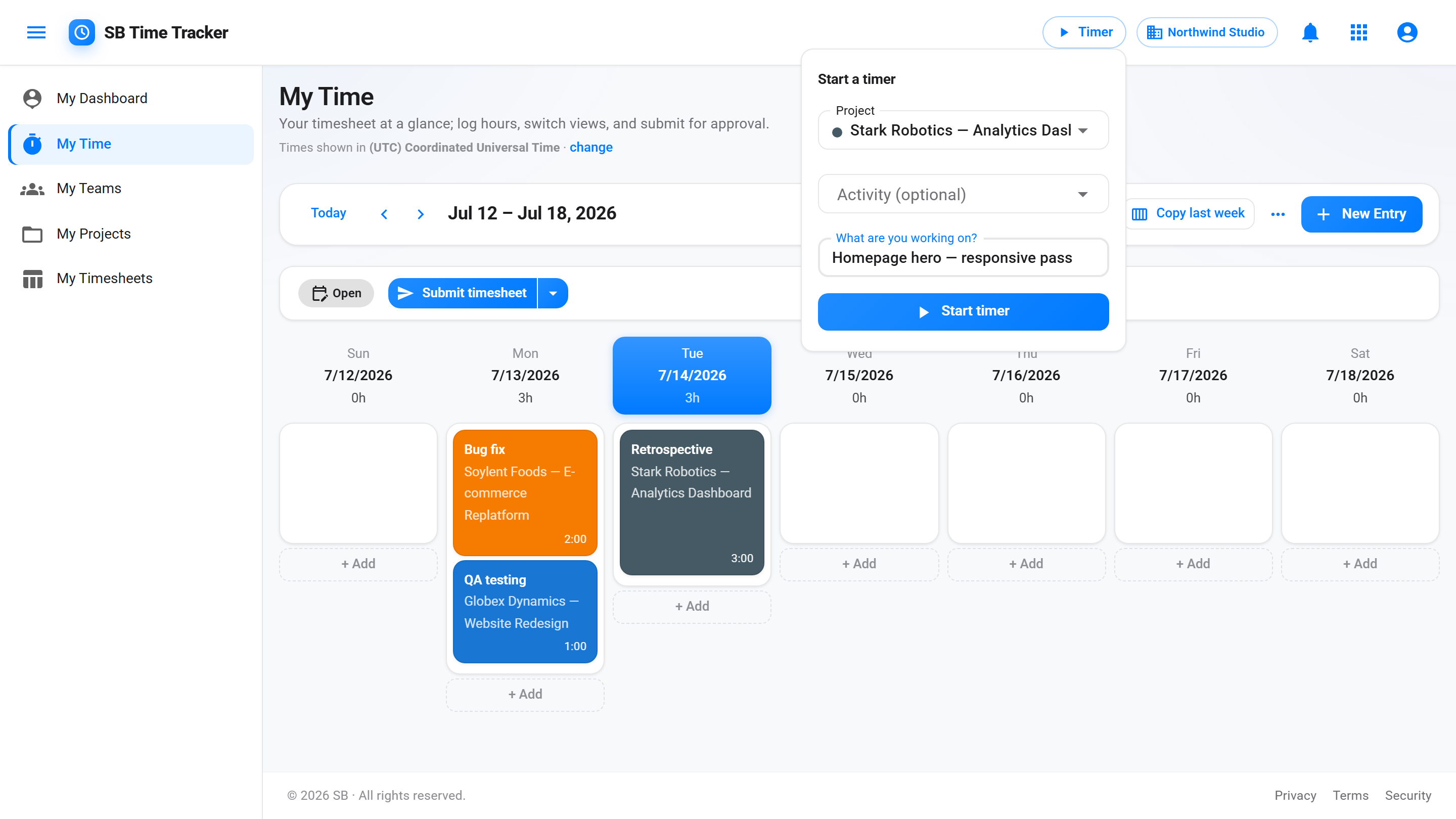Start-a-timer popover with a project selected and a description, over the weekly time view