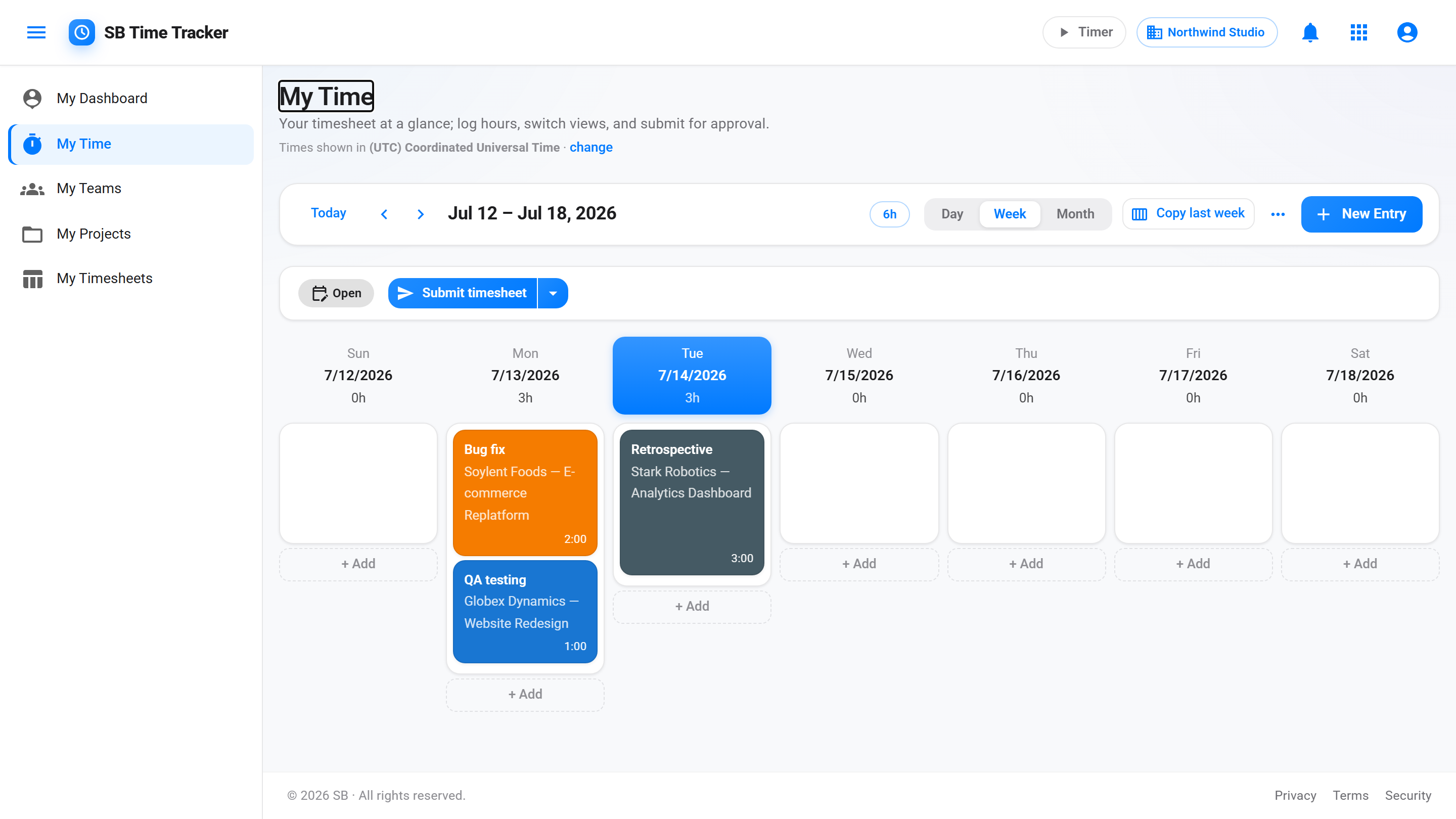 Weekly calendar view in SB Time Tracker with color-coded time entries per project and a live timer in the header